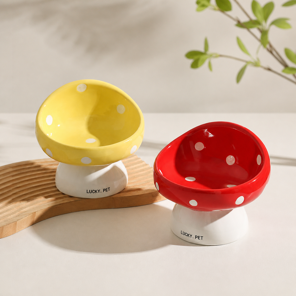 Mushroom Raised Cat Bowl Tilted Ceramic Pet Dish