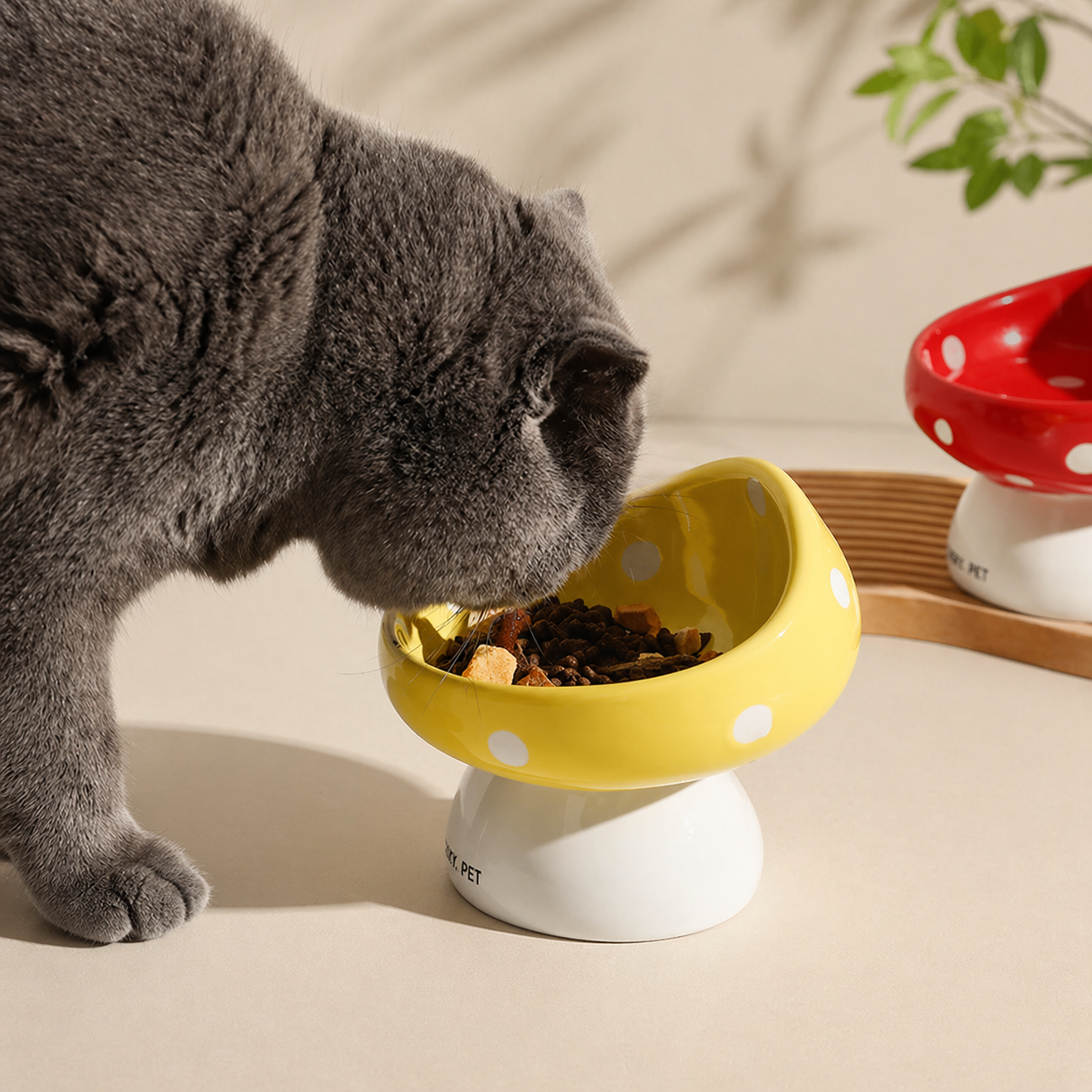 Mushroom Raised Cat Bowl Tilted Ceramic Pet Dish