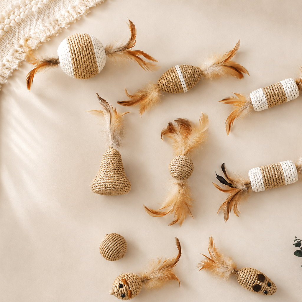 Natural Sisal Cat Toy Set with Feather & Bell Toys