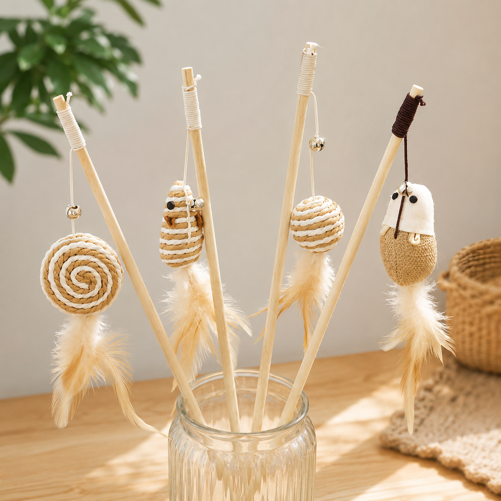 Natural Wooden Cat Teaser Wand Toy with Bell & Feather