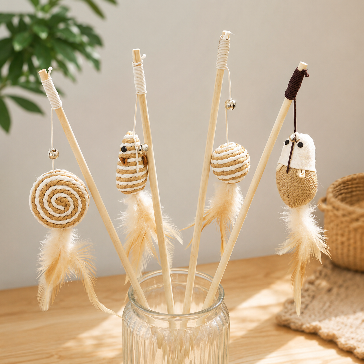Natural Wooden Cat Teaser Wand Toy with Bell & Feather