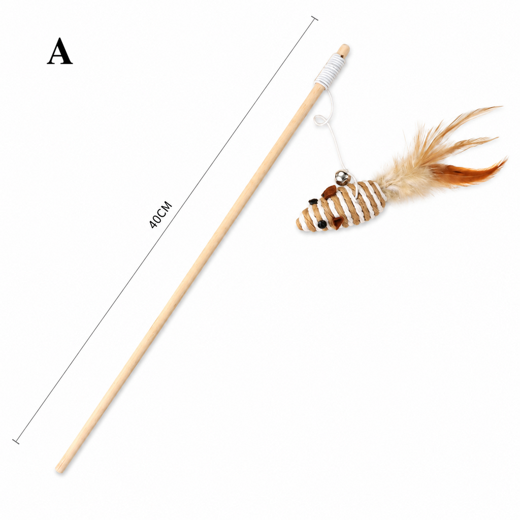 Natural Wooden Cat Teaser Wand Toy with Bell & Feather