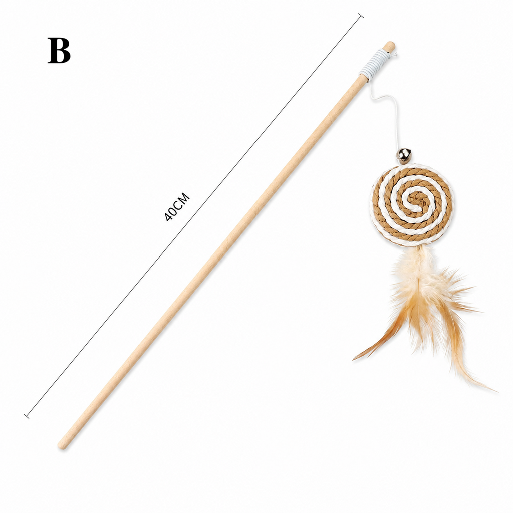Natural Wooden Cat Teaser Wand Toy with Bell & Feather