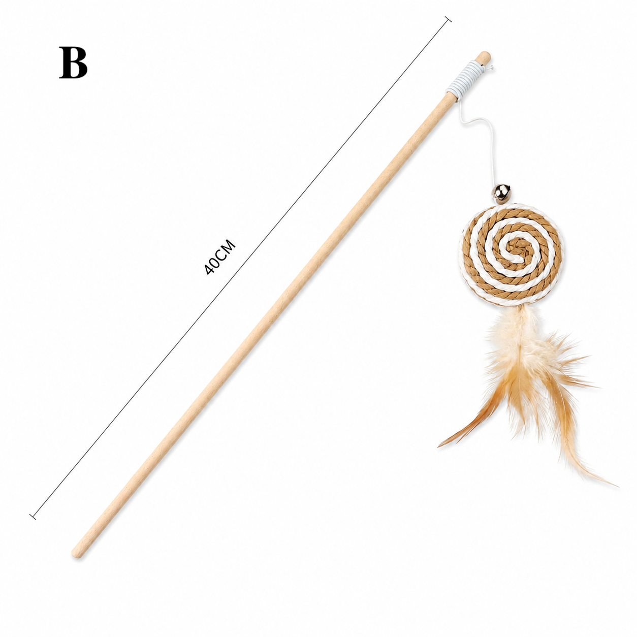 Natural Wooden Cat Teaser Wand Toy with Bell & Feather