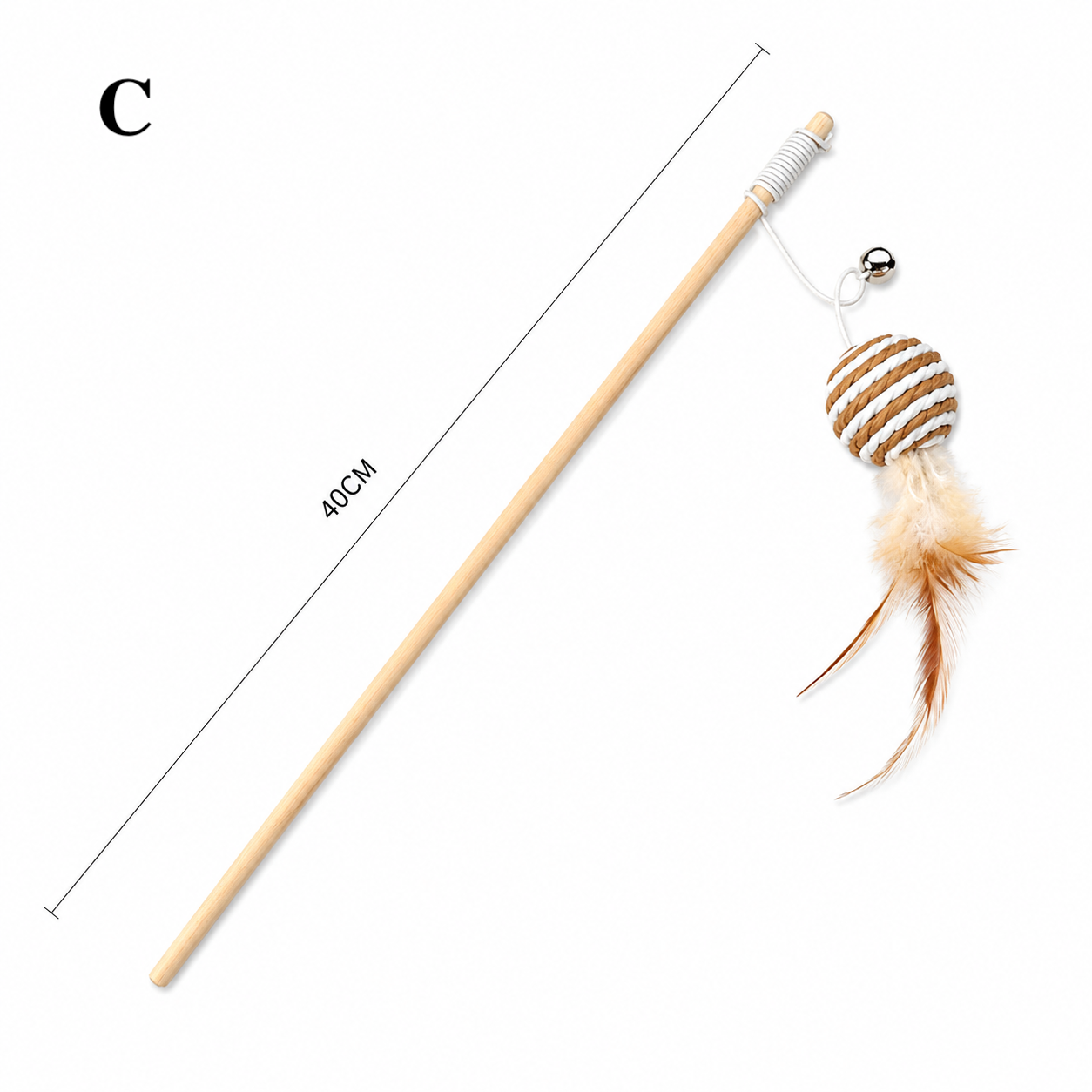 Natural Wooden Cat Teaser Wand Toy with Bell & Feather