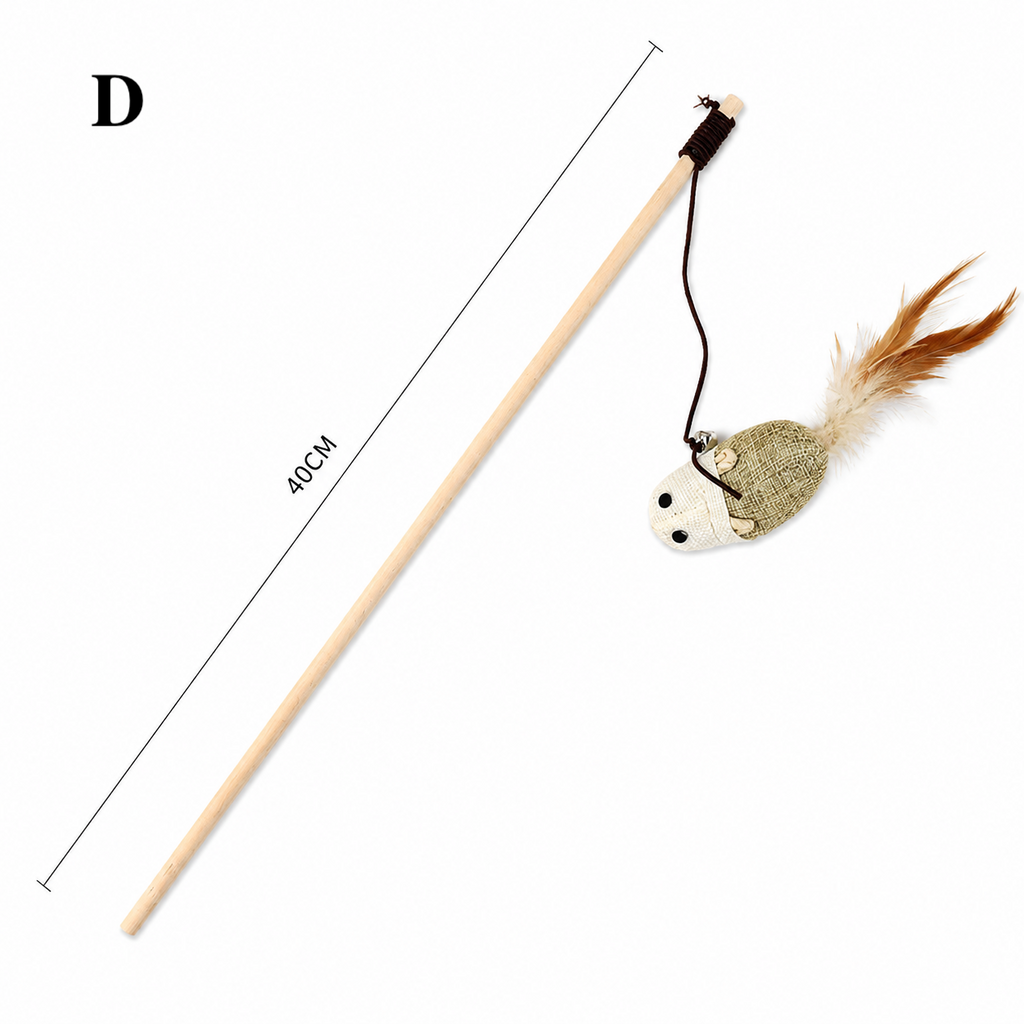 Natural Wooden Cat Teaser Wand Toy with Bell & Feather