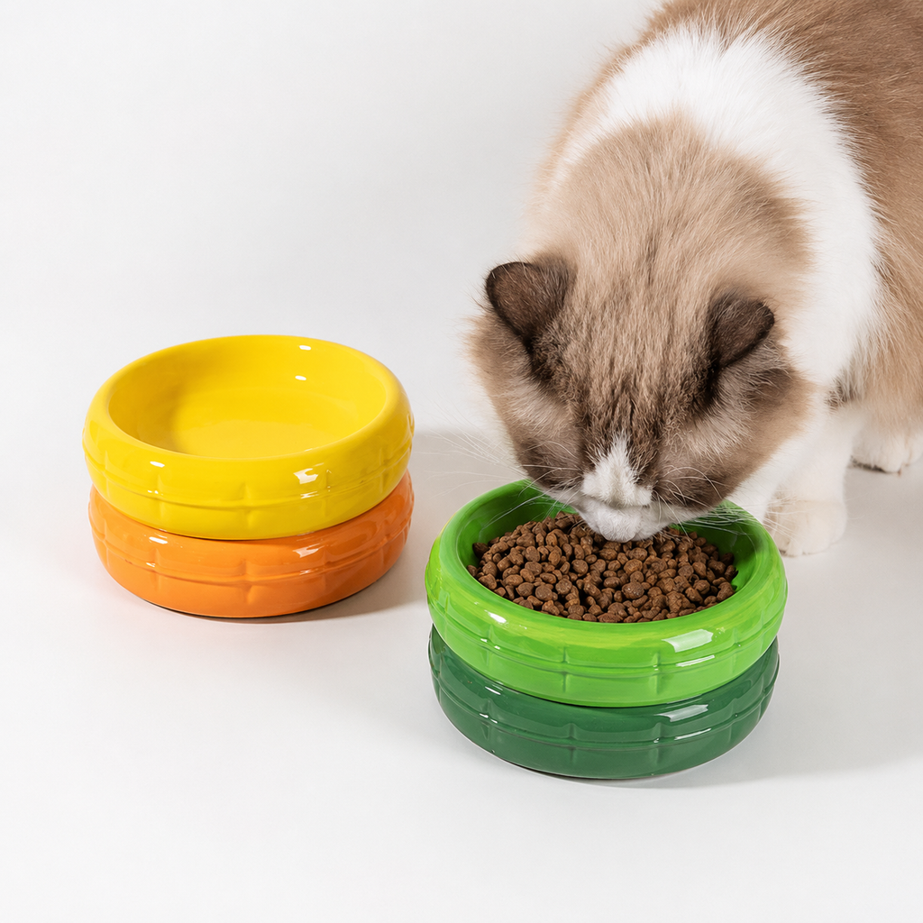 Round Ceramic Cat Bowl Raised Pet Food & Water Dish