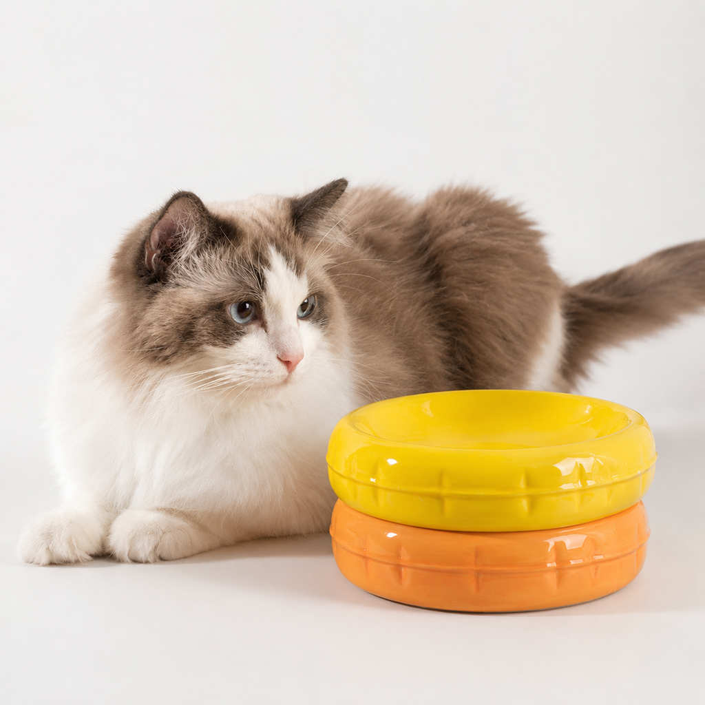 Round Ceramic Cat Bowl Raised Pet Food & Water Dish